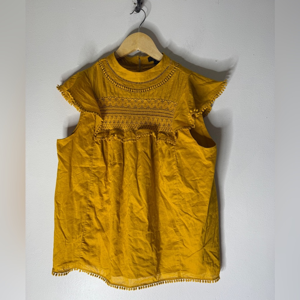J.Crew Yellow Smocked Crew Neck Puff‎ Sleeve Shirred Cotton Top Small